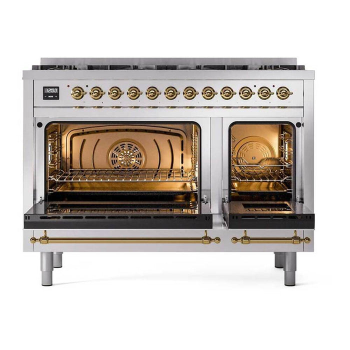Ilve UP488NMPSSG 48 in Nostalgie II Dual Fuel Range, 8 Total Black Brass Burners, Double Oven, Stainless Steel, Brass