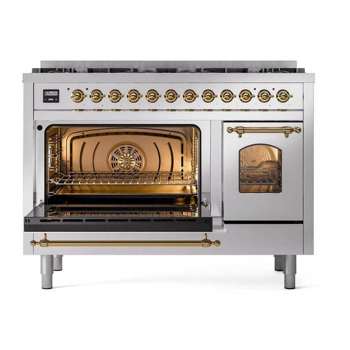 Ilve UP488NMPSSG 48 in Nostalgie II Dual Fuel Range, 8 Total Black Brass Burners, Double Oven, Stainless Steel, Brass