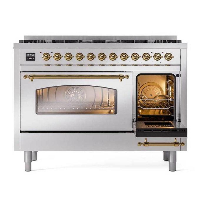 Ilve UP488NMPSSG 48 in Nostalgie II Dual Fuel Range, 8 Total Black Brass Burners, Double Oven, Stainless Steel, Brass