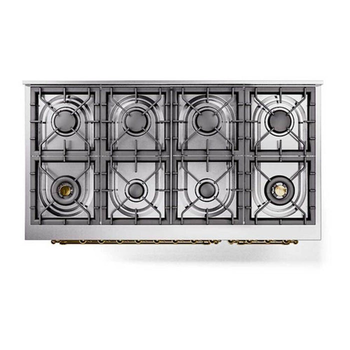 Ilve UP488NMPSSG 48 in Nostalgie II Dual Fuel Range, 8 Total Black Brass Burners, Double Oven, Stainless Steel, Brass