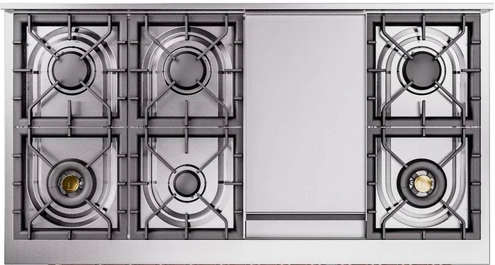 Ilve UP48FNMPBGGLP 48 in Nostalgie II Dual Fuel Range, 8 Burners, Griddle, Double Oven, Blue Grey, Brass, LP Gas