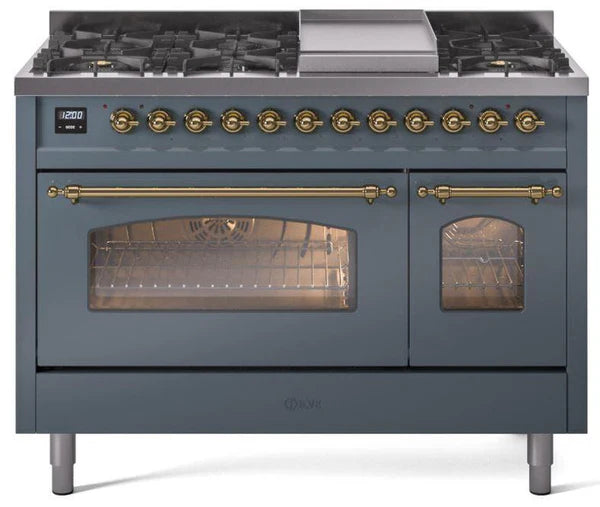Ilve UP48FNMPBGGLP 48 in Nostalgie II Dual Fuel Range, 8 Burners, Griddle, Double Oven, Blue Grey, Brass, LP Gas