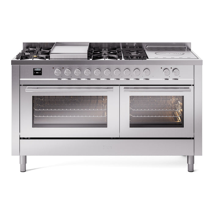 Ilve UP60FSWMPSSLP 60 in Dual Fuel Range, 8 Burner Griddle, Double Oven, Stainless Steel, LP