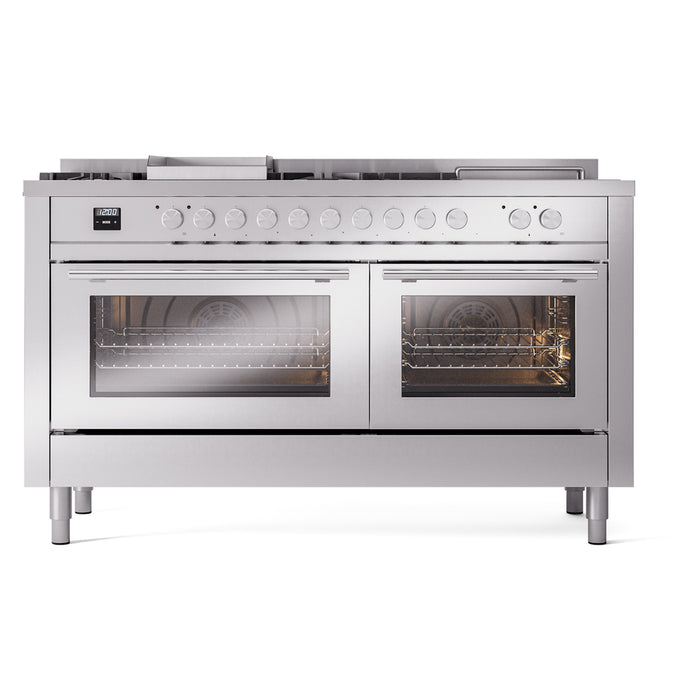Ilve UP60FSWMPSSLP 60 in Dual Fuel Range, 8 Burner Griddle, Double Oven, Stainless Steel, LP