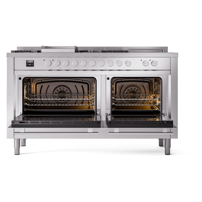 Ilve UP60FSWMPSSLP 60 in Dual Fuel Range, 8 Burner Griddle, Double Oven, Stainless Steel, LP