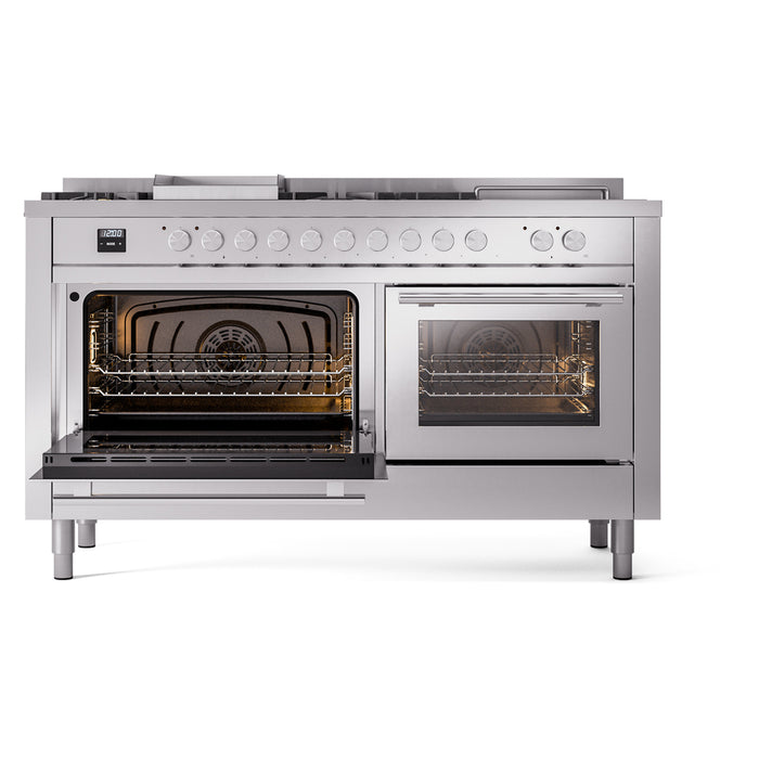 Ilve UP60FSWMPSSLP 60 in Dual Fuel Range, 8 Burner Griddle, Double Oven, Stainless Steel, LP