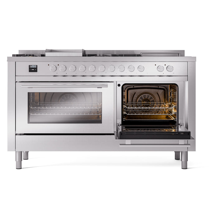 Ilve UP60FSWMPSSLP 60 in Dual Fuel Range, 8 Burner Griddle, Double Oven, Stainless Steel, LP