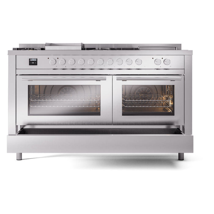 Ilve UP60FSWMPSSLP 60 in Dual Fuel Range, 8 Burner Griddle, Double Oven, Stainless Steel, LP