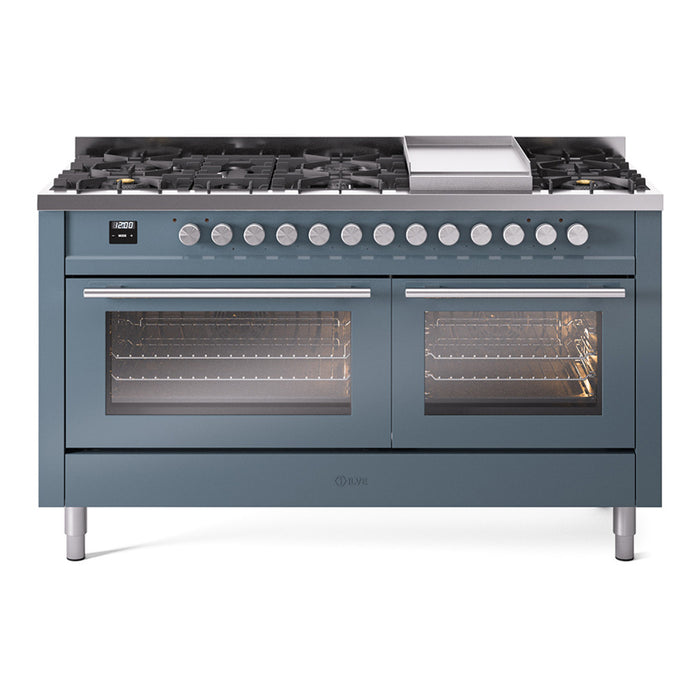 Ilve UP60FWMPBGLP 60 in Dual Fuel Range, 9 Burner Griddle, Double Oven, Blue Grey, LP