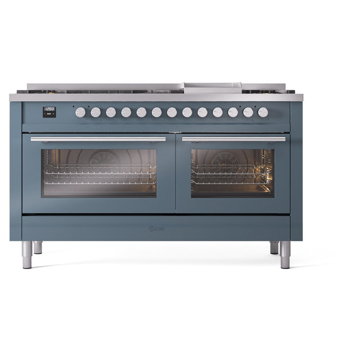 Ilve UP60FWMPBGLP 60 in Dual Fuel Range, 9 Burner Griddle, Double Oven, Blue Grey, LP