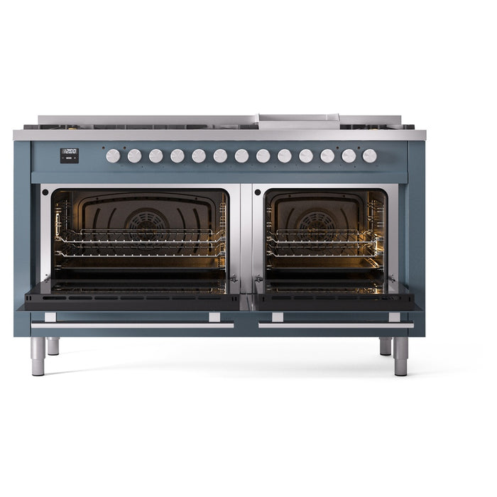 Ilve UP60FWMPBGLP 60 in Dual Fuel Range, 9 Burner Griddle, Double Oven, Blue Grey, LP