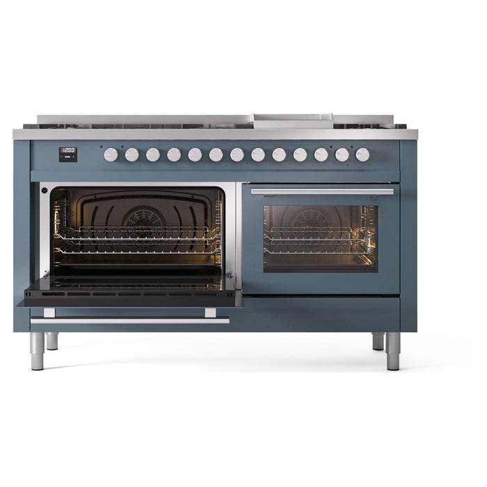Ilve UP60FWMPBGLP 60 in Dual Fuel Range, 9 Burner Griddle, Double Oven, Blue Grey, LP