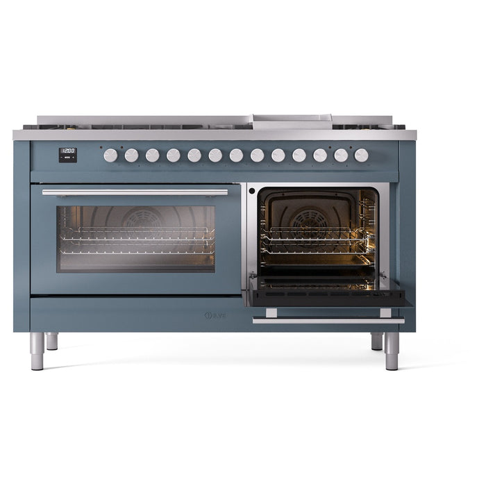 Ilve UP60FWMPBGLP 60 in Dual Fuel Range, 9 Burner Griddle, Double Oven, Blue Grey, LP