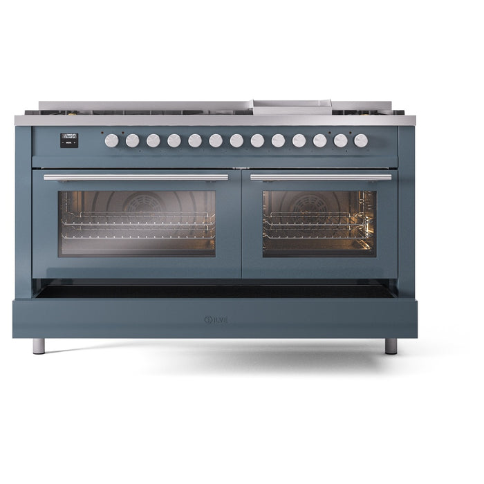 Ilve UP60FWMPBGLP 60 in Dual Fuel Range, 9 Burner Griddle, Double Oven, Blue Grey, LP