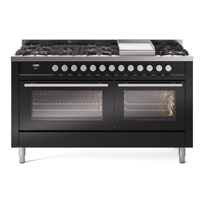 Ilve UP60FWMPBKLP 60 in Dual Fuel Range, 9 Burner Griddle, Double Oven, Glossy Black, LP