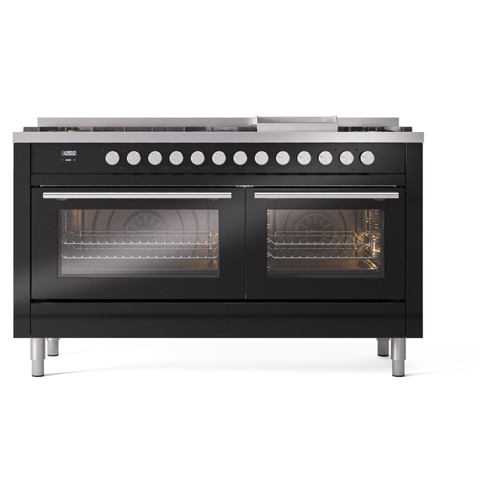 Ilve UP60FWMPBKLP 60 in Dual Fuel Range, 9 Burner Griddle, Double Oven, Glossy Black, LP