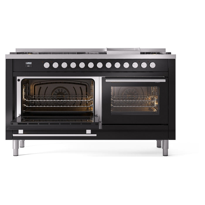 Ilve UP60FWMPBKLP 60 in Dual Fuel Range, 9 Burner Griddle, Double Oven, Glossy Black, LP
