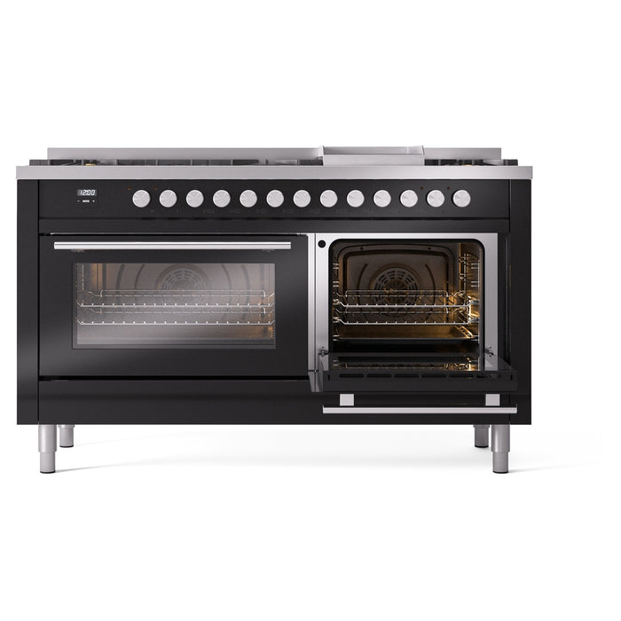 Ilve UP60FWMPBKLP 60 in Dual Fuel Range, 9 Burner Griddle, Double Oven, Glossy Black, LP