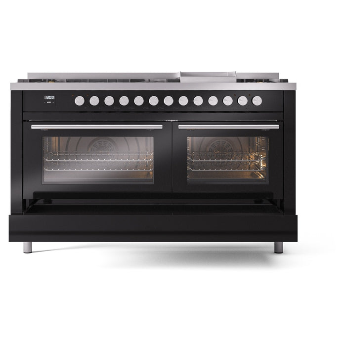 Ilve UP60FWMPBKLP 60 in Dual Fuel Range, 9 Burner Griddle, Double Oven, Glossy Black, LP