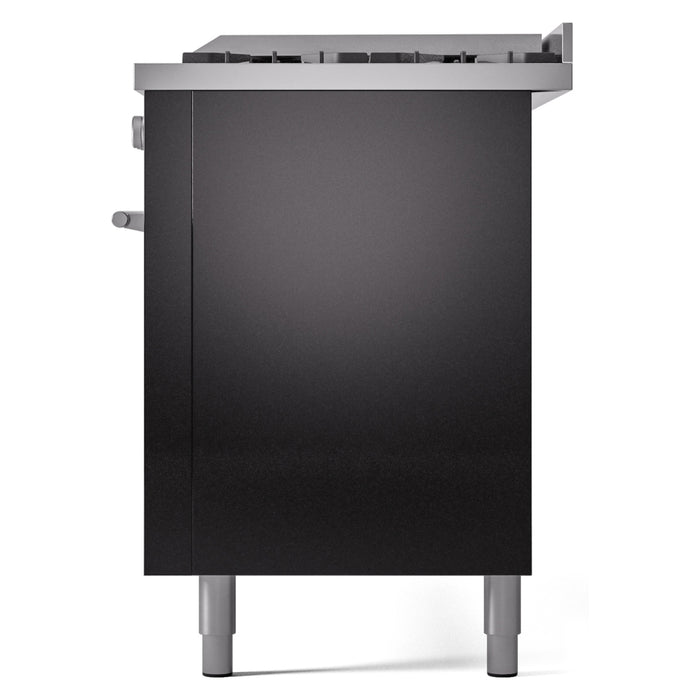 Ilve UP60FWMPBKLP 60 in Dual Fuel Range, 9 Burner Griddle, Double Oven, Glossy Black, LP