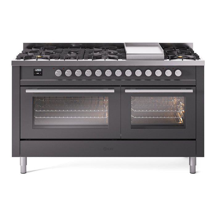 Ilve UP60FWMPMGLP 60 in Dual Fuel Range, 9 Burner Griddle, Double Oven, Matte Graphite, LP