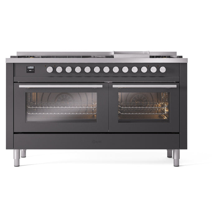 Ilve UP60FWMPMGLP 60 in Dual Fuel Range, 9 Burner Griddle, Double Oven, Matte Graphite, LP