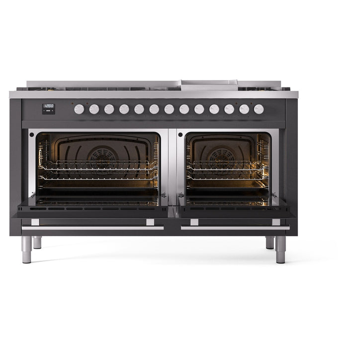 Ilve UP60FWMPMGLP 60 in Dual Fuel Range, 9 Burner Griddle, Double Oven, Matte Graphite, LP