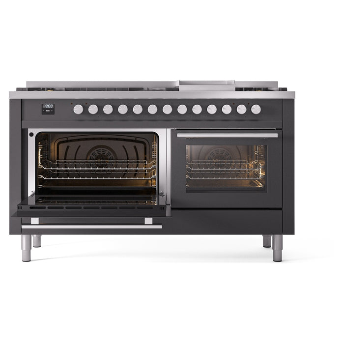 Ilve UP60FWMPMGLP 60 in Dual Fuel Range, 9 Burner Griddle, Double Oven, Matte Graphite, LP
