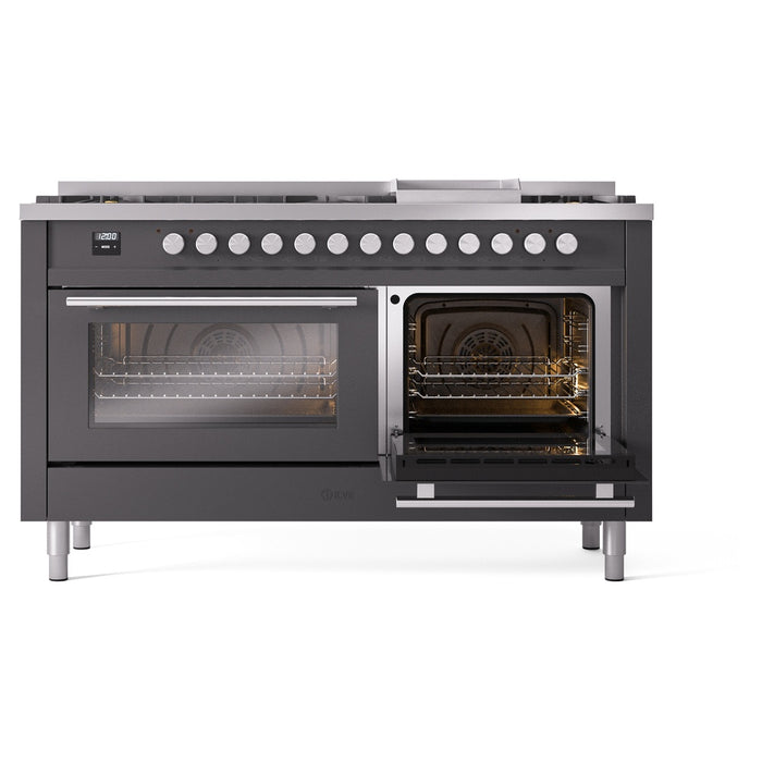 Ilve UP60FWMPMGLP 60 in Dual Fuel Range, 9 Burner Griddle, Double Oven, Matte Graphite, LP