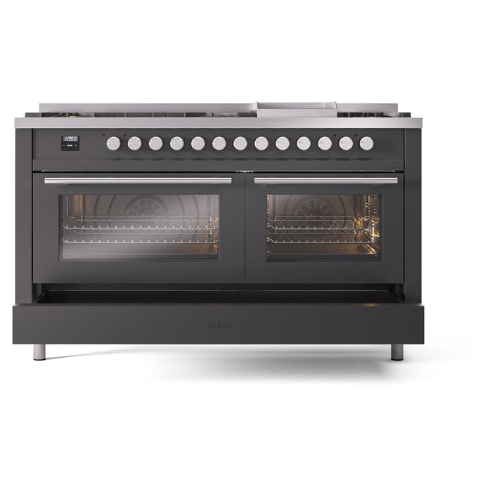 Ilve UP60FWMPMGLP 60 in Dual Fuel Range, 9 Burner Griddle, Double Oven, Matte Graphite, LP