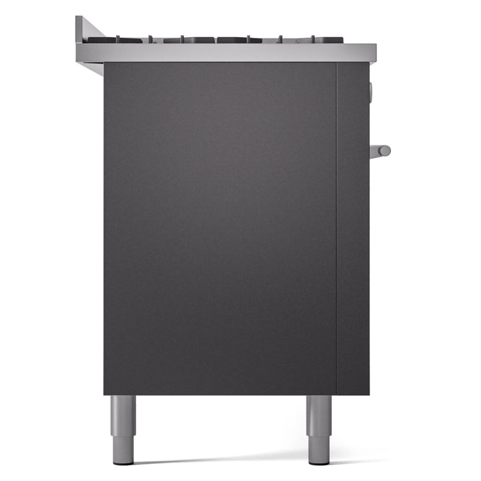 Ilve UP60FWMPMGLP 60 in Dual Fuel Range, 9 Burner Griddle, Double Oven, Matte Graphite, LP