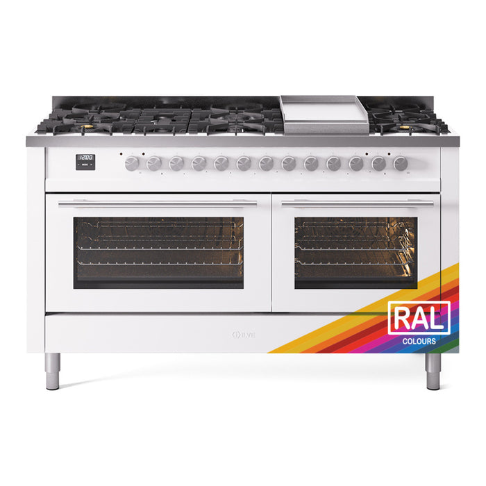 Ilve UP60FWMPRALP 60 in Dual Fuel Range, 9 Burner Griddle, Double Oven, RAL, LP