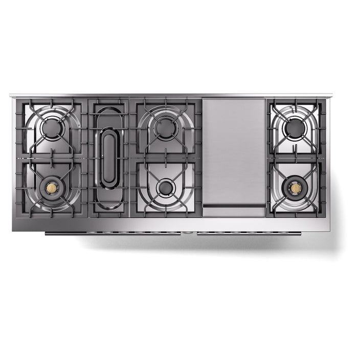 Ilve UP60FWMPRALP 60 in Dual Fuel Range, 9 Burner Griddle, Double Oven, RAL, LP