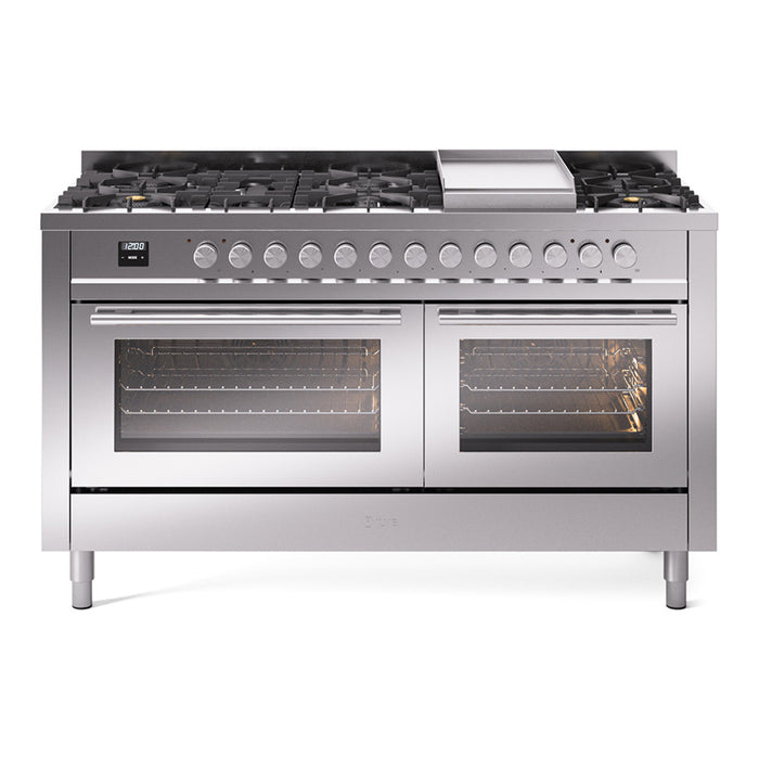 Ilve UP60FWMPSSLP 60 in Dual Fuel Range, 9 Burner Griddle, Double Oven, Stainless Steel, LP