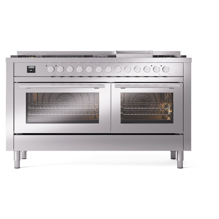 Ilve UP60FWMPSSLP 60 in Dual Fuel Range, 9 Burner Griddle, Double Oven, Stainless Steel, LP