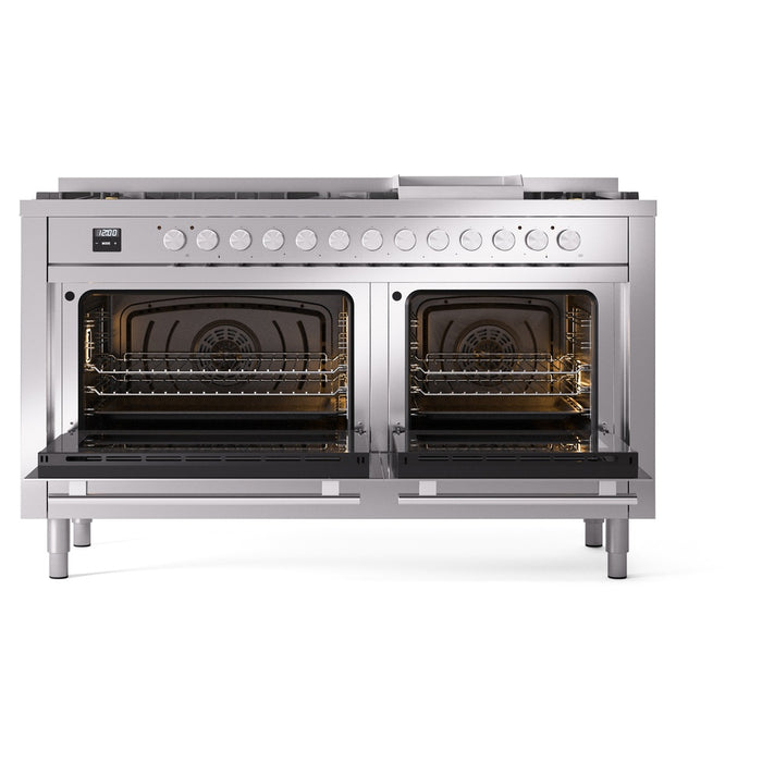 Ilve UP60FWMPSSLP 60 in Dual Fuel Range, 9 Burner Griddle, Double Oven, Stainless Steel, LP