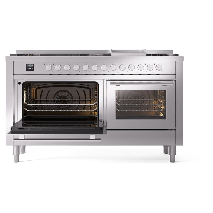 Ilve UP60FWMPSSLP 60 in Dual Fuel Range, 9 Burner Griddle, Double Oven, Stainless Steel, LP