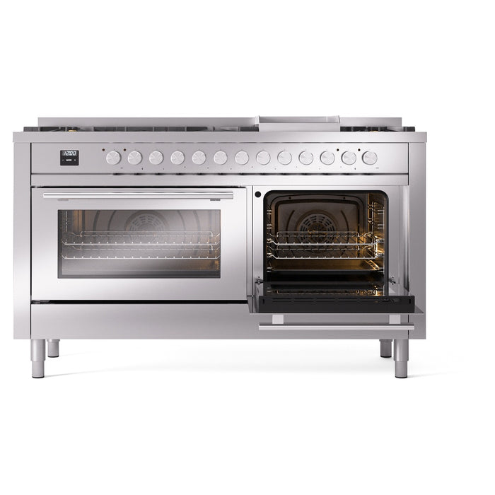 Ilve UP60FWMPSSLP 60 in Dual Fuel Range, 9 Burner Griddle, Double Oven, Stainless Steel, LP