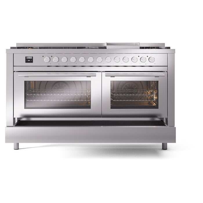 Ilve UP60FWMPSSLP 60 in Dual Fuel Range, 9 Burner Griddle, Double Oven, Stainless Steel, LP