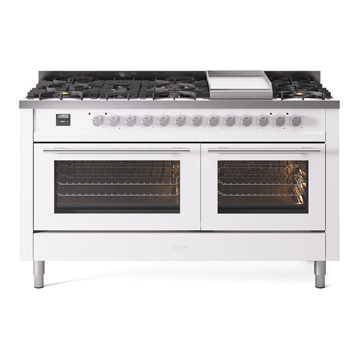 Ilve UP60FWMPWHLP 60 in Dual Fuel Range, 9 Burner Griddle, Double Oven, White, LP