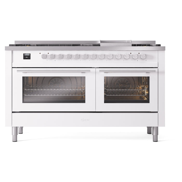 Ilve UP60FWMPWHLP 60 in Dual Fuel Range, 9 Burner Griddle, Double Oven, White, LP