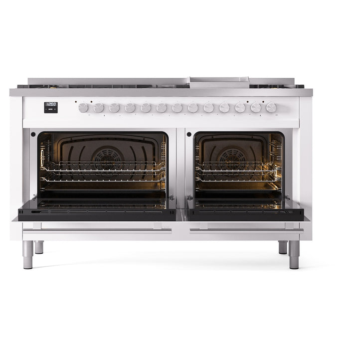 Ilve UP60FWMPWHLP 60 in Dual Fuel Range, 9 Burner Griddle, Double Oven, White, LP