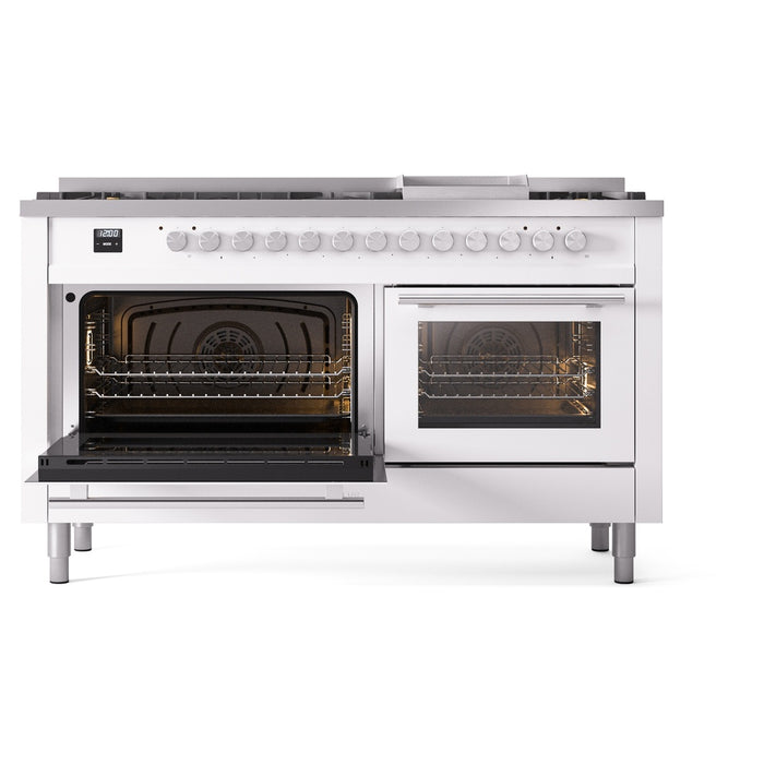 Ilve UP60FWMPWHLP 60 in Dual Fuel Range, 9 Burner Griddle, Double Oven, White, LP