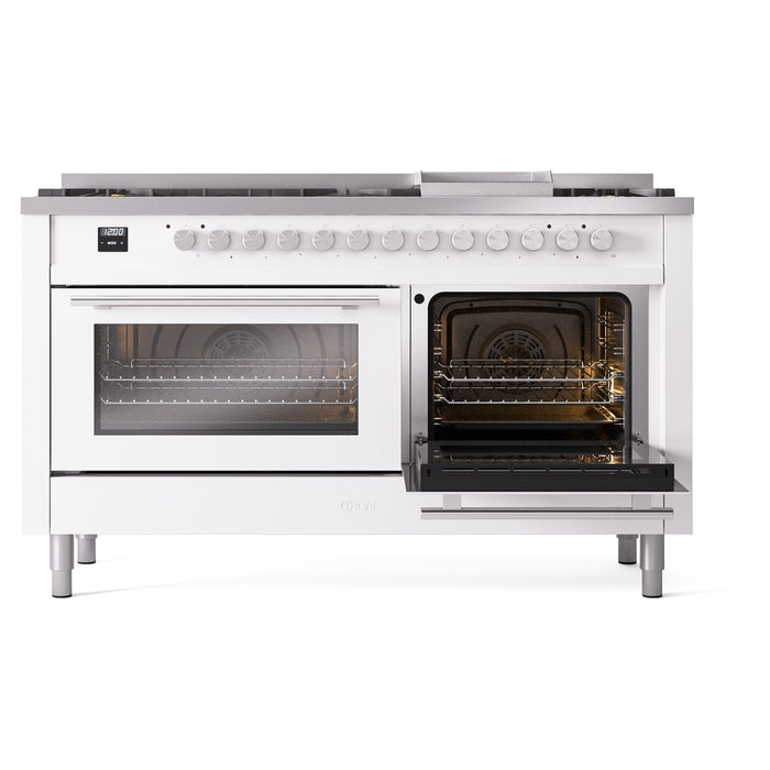 Ilve UP60FWMPWHLP 60 in Dual Fuel Range, 9 Burner Griddle, Double Oven, White, LP