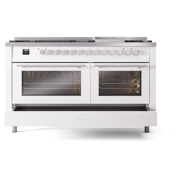 Ilve UP60FWMPWHLP 60 in Dual Fuel Range, 9 Burner Griddle, Double Oven, White, LP