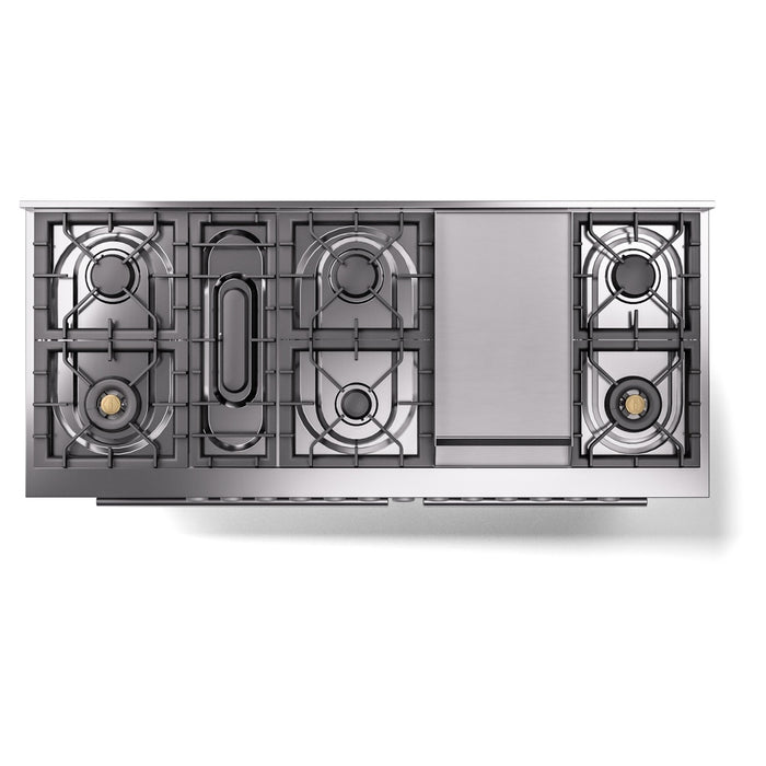 Ilve UP60FWMPWHLP 60 in Dual Fuel Range, 9 Burner Griddle, Double Oven, White, LP