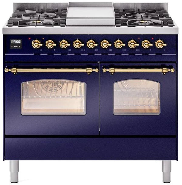 Ilve UPD40FNMPMBG 40 in Nostalgie II Dual Fuel Range, 6 Burners, Griddle, Double Oven, Midnight Blue, Brass