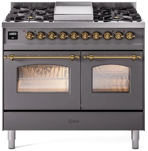 Ilve UPD40FNMPMGG 40 in Nostalgie II Dual Fuel Range, Double Oven, 6 Burners + Griddle, Graphite Matte, Brass, NG