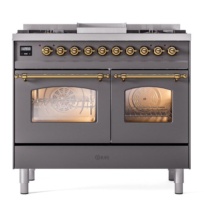 Ilve UPD40FNMPMGG 40 in Nostalgie II Dual Fuel Range, Double Oven, 6 Burners + Griddle, Graphite Matte, Brass, NG