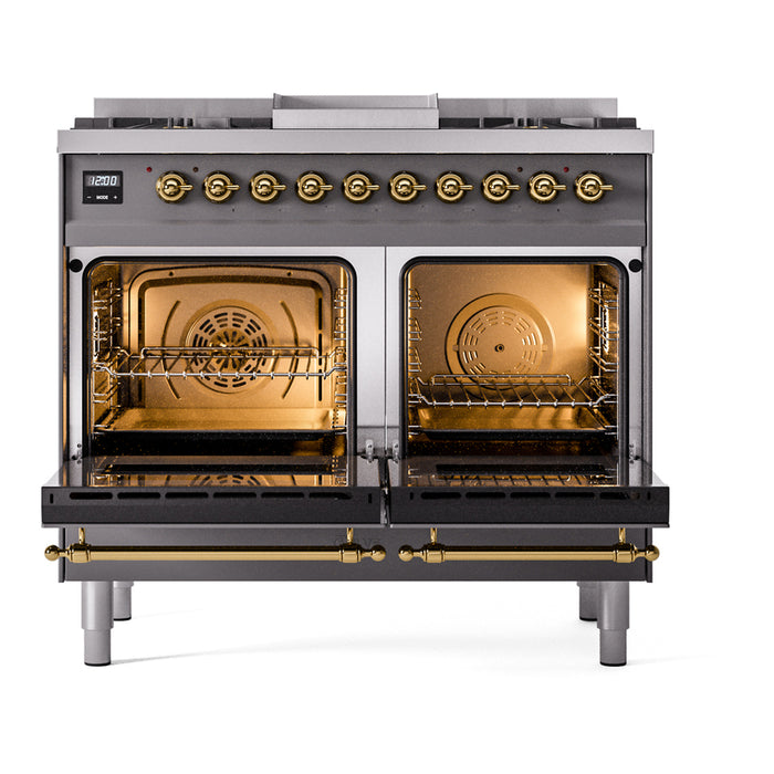 Ilve UPD40FNMPMGG 40 in Nostalgie II Dual Fuel Range, Double Oven, 6 Burners + Griddle, Graphite Matte, Brass, NG